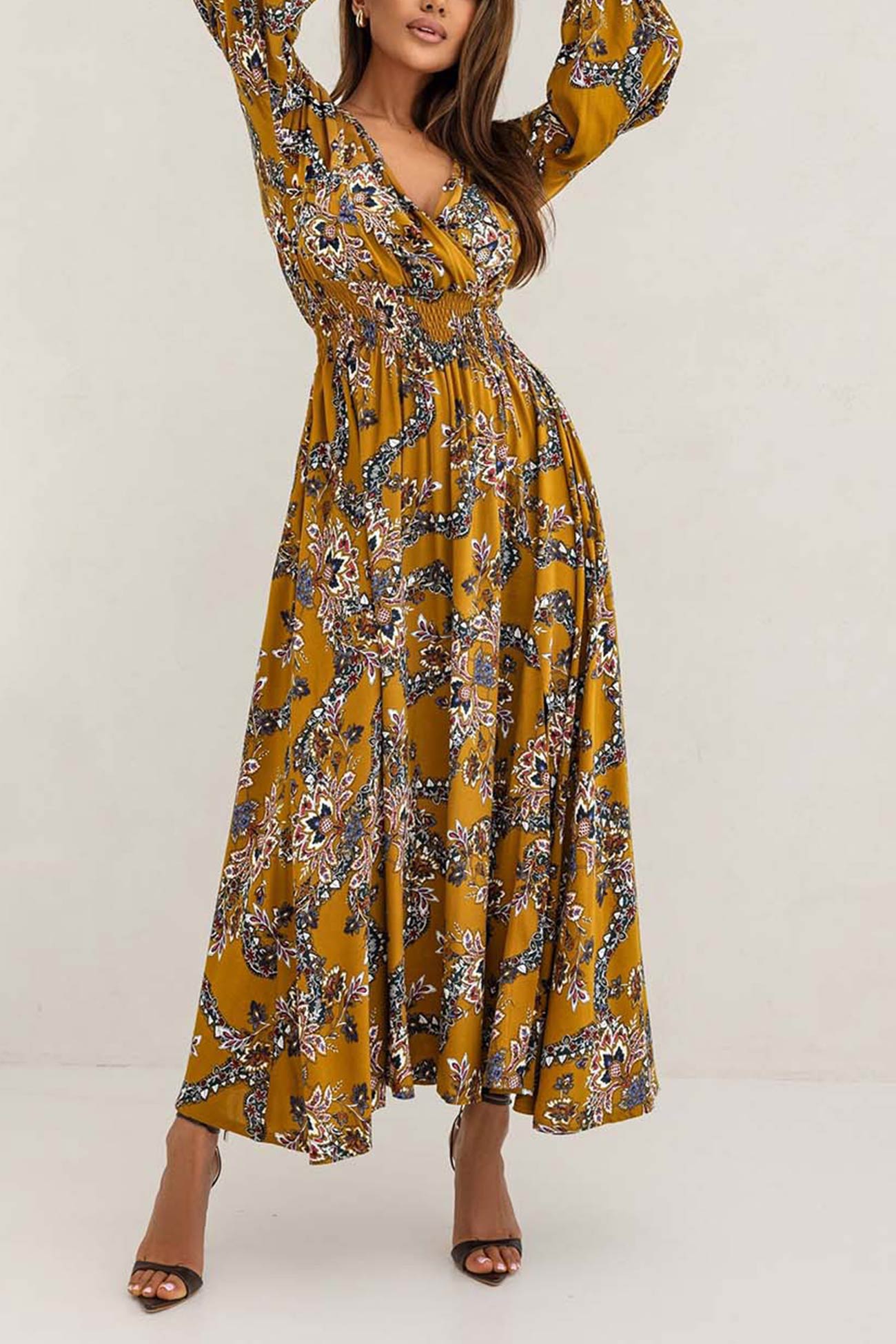 Women's V-Neck Floral Maxi Dress with Puff Sleeves and Side Slit