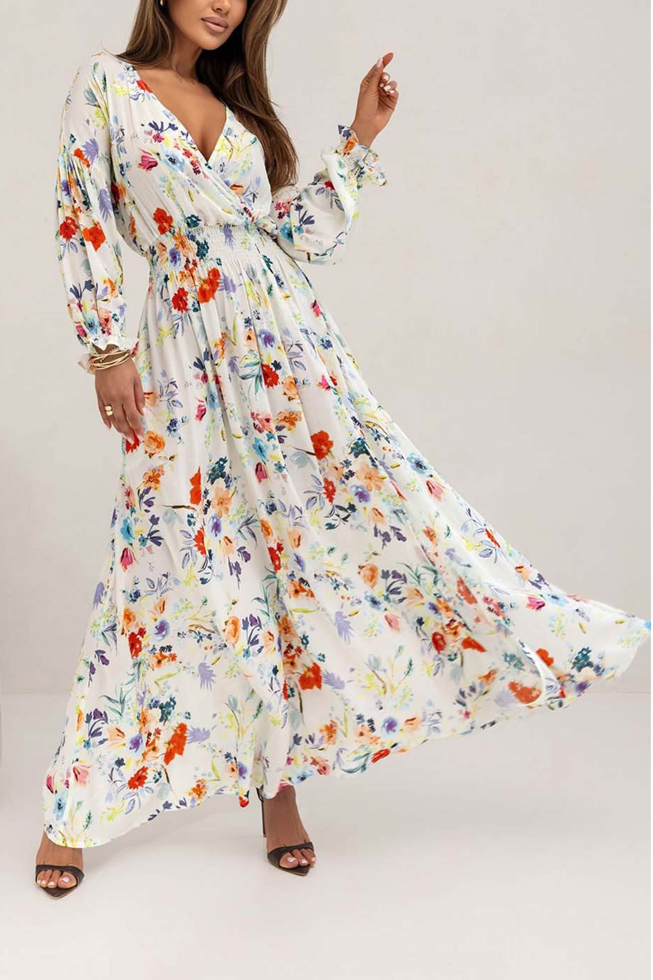 Women's V-Neck Floral Maxi Dress with Puff Sleeves and Side Slit