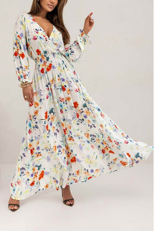 Women's V-Neck Floral Maxi Dress with Puff Sleeves and Side Slit