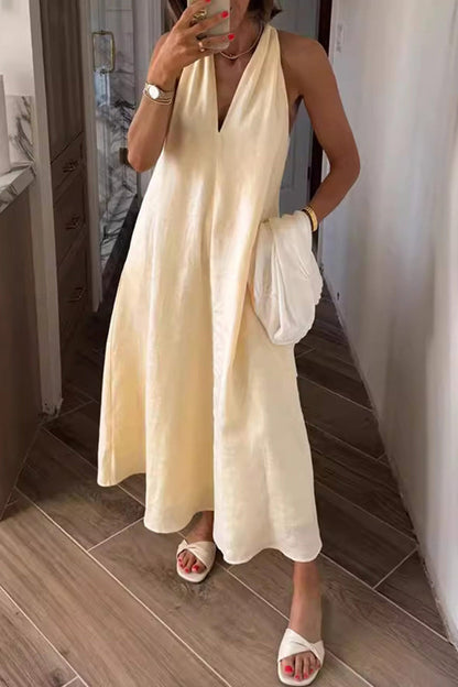 Women's Sleeveless A-Line Maxi Dress with V-Neck and Side Pockets