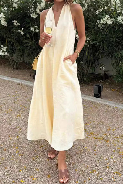 Women's Sleeveless A-Line Maxi Dress with V-Neck and Side Pockets