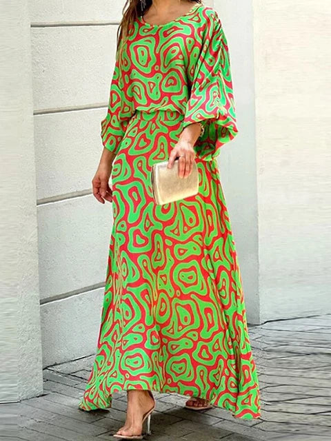 Women’s Colorful Abstract Print Maxi Dress with Flowing Sleeves