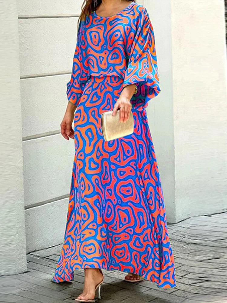 Women’s Colorful Abstract Print Maxi Dress with Flowing Sleeves