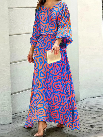 Women’s Colorful Abstract Print Maxi Dress with Flowing Sleeves