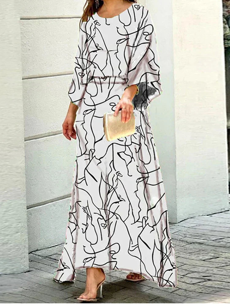 Women’s Colorful Abstract Print Maxi Dress with Flowing Sleeves