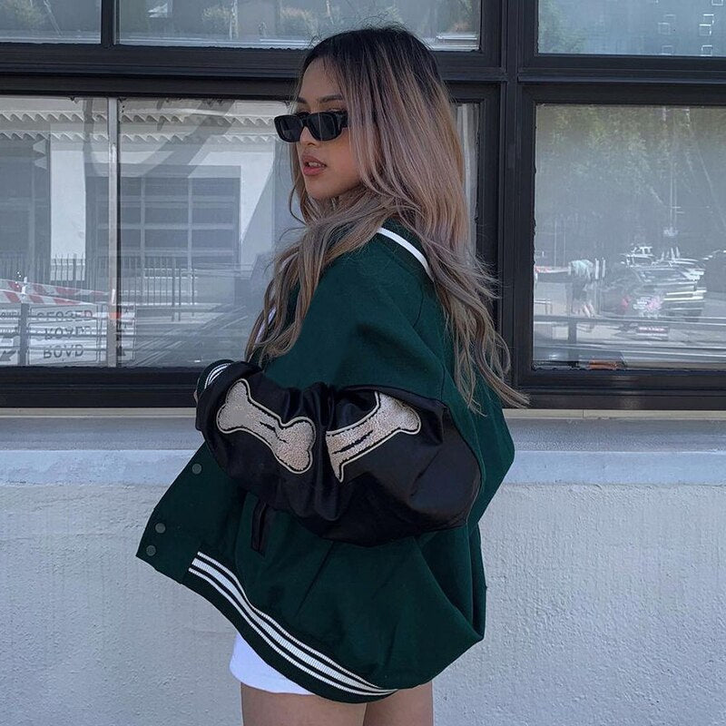 Women's Graphic Varsity Bomber Jacket with Bone Sleeve Design