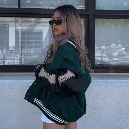 Women's Graphic Varsity Bomber Jacket with Bone Sleeve Design