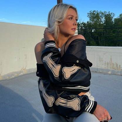 Women's Graphic Varsity Bomber Jacket with Bone Sleeve Design