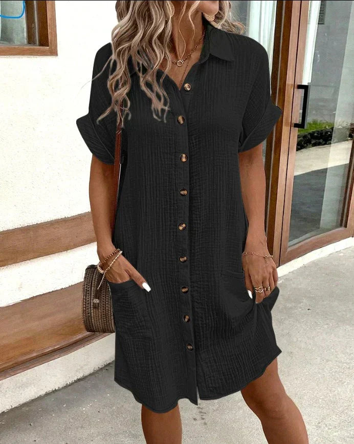 Women's Button-Down Short Sleeve Shirt Dress with Front Pockets