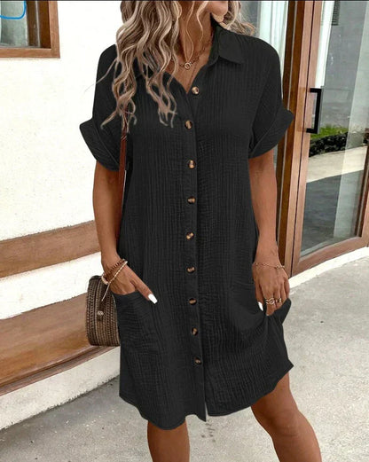 Women's Button-Down Short Sleeve Shirt Dress with Front Pockets