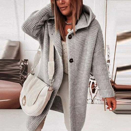 Women's Long Hooded Knit Cardigan with Button Front Design