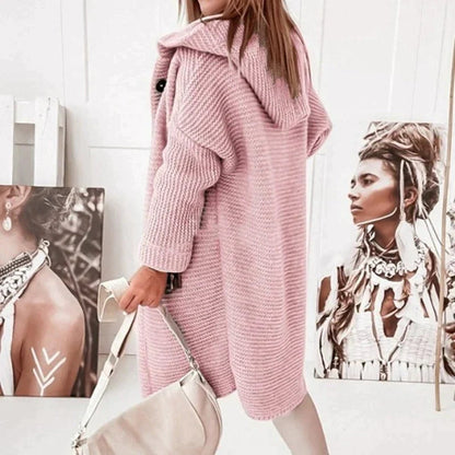 Women's Long Hooded Knit Cardigan with Button Front Design