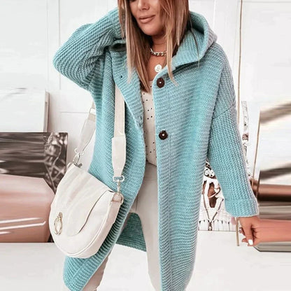 Women's Long Hooded Knit Cardigan with Button Front Design