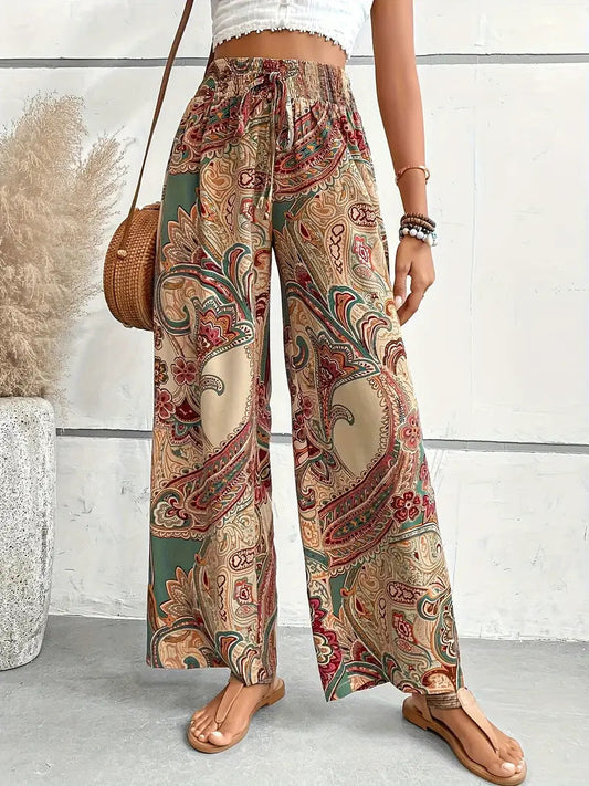 Women's Wide-Leg High-Waist Trousers with Paisley Print