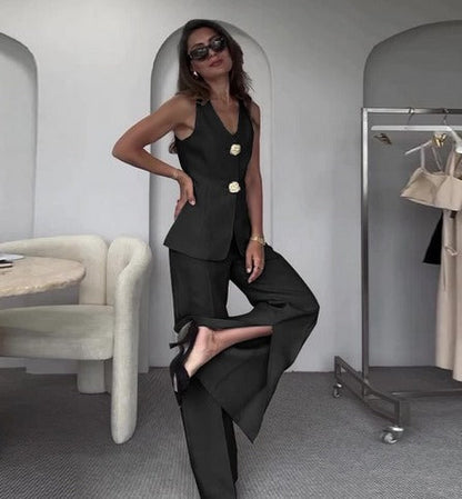 Women’s Two-Piece Suit Set with Sleeveless Blazer and Wide-Leg Pants