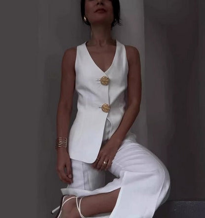 Women’s Two-Piece Suit Set with Sleeveless Blazer and Wide-Leg Pants