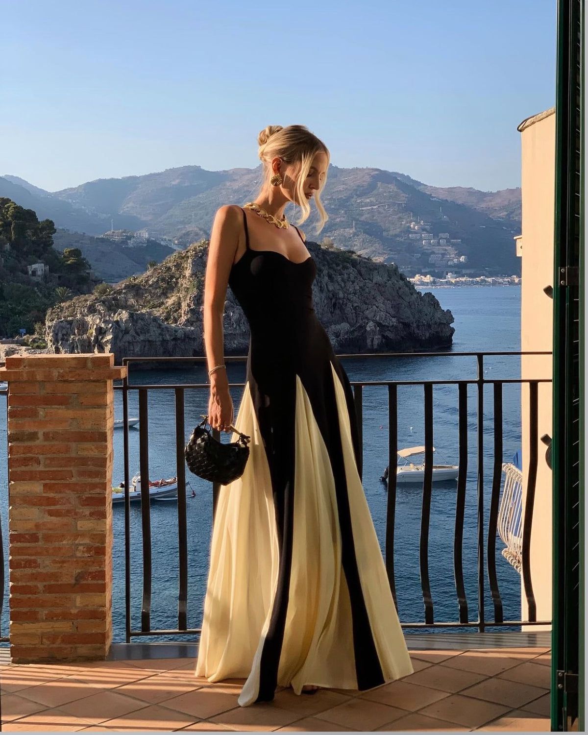 Women's Elegant Color Block Maxi Dress with Spaghetti Straps