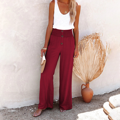 Women's High-Waisted Wide-Leg Pants with Smocked Waistband