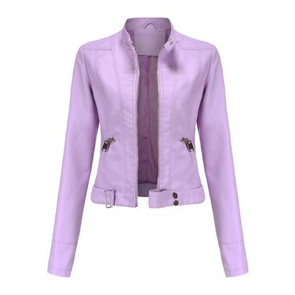 Women's Leather Jacket with Zip Closure High Collar and Belt