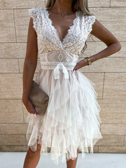 Women's Ruffle Tulle Party Dress with Lace Bodice