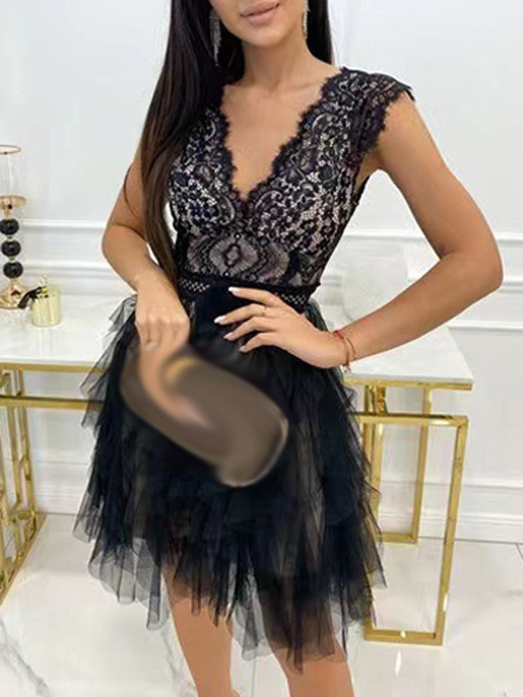 Women's Ruffle Tulle Party Dress with Lace Bodice