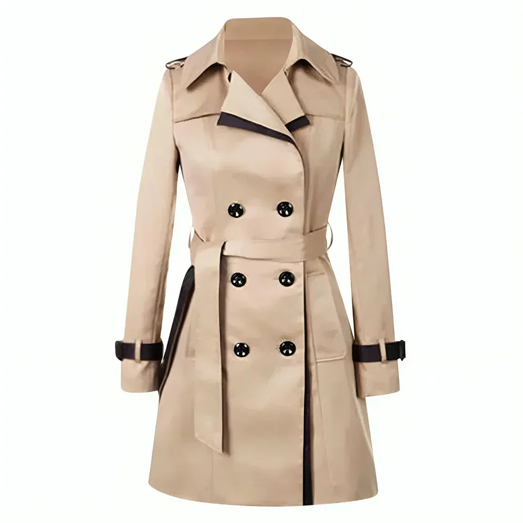 Women's Short Double Breasted Trench Coat with Belt and Contrast Trim