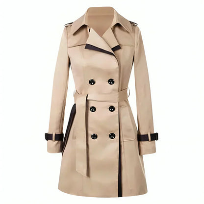Women's Short Double Breasted Trench Coat with Belt and Contrast Trim