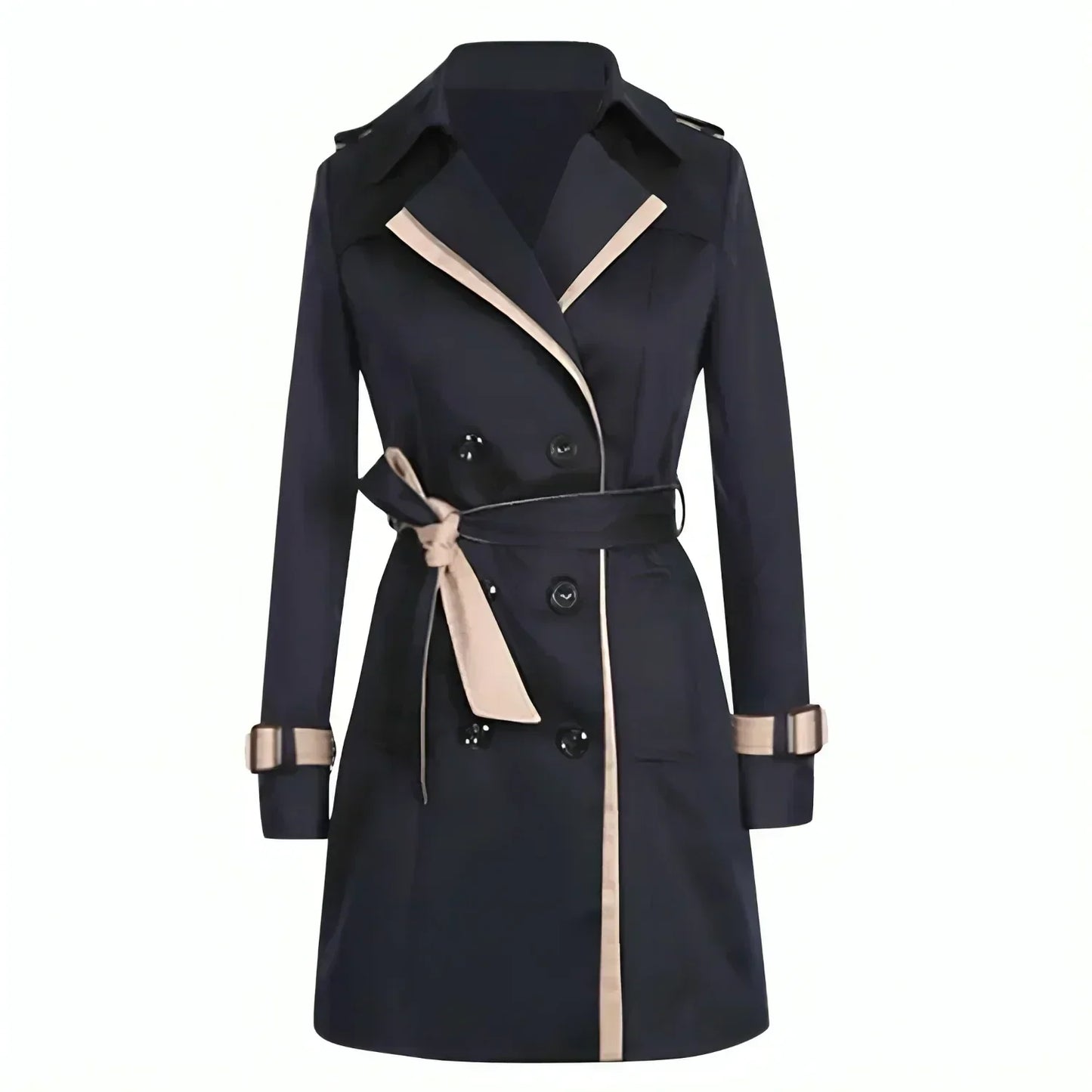 Women's Short Double Breasted Trench Coat with Belt and Contrast Trim