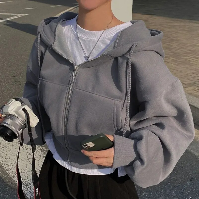 Women's Oversized Cropped Zip-Up Hoodie with Pockets