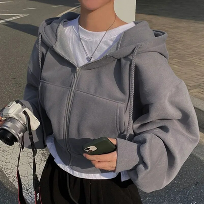 Women's Oversized Cropped Zip-Up Hoodie with Pockets