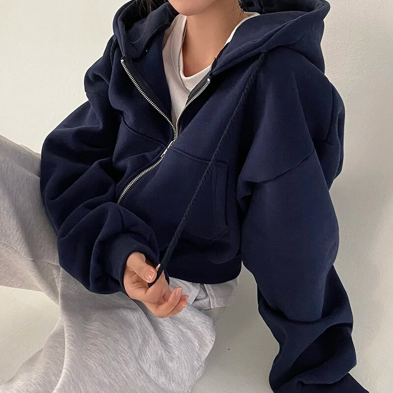 Women's Oversized Cropped Zip-Up Hoodie with Pockets