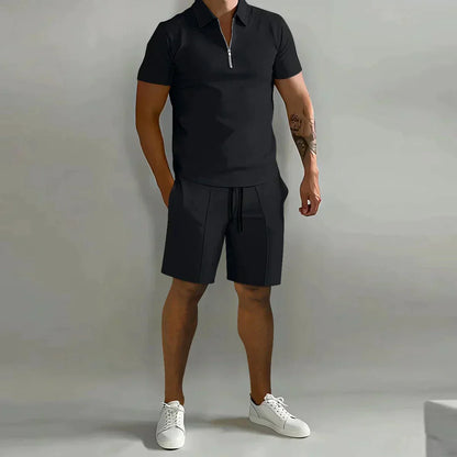 Men's Summer Two-Piece Set with Zipper Polo Shirt and Shorts