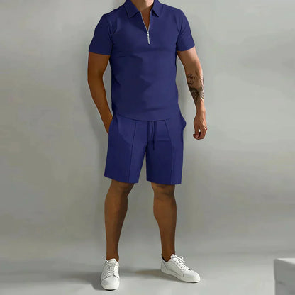 Men's Summer Two-Piece Set with Zipper Polo Shirt and Shorts