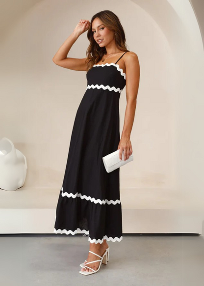 Women's Airy Maxi Dress with Straps and Decorative Trim