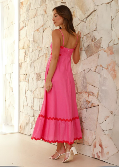 Women's Airy Maxi Dress with Straps and Decorative Trim
