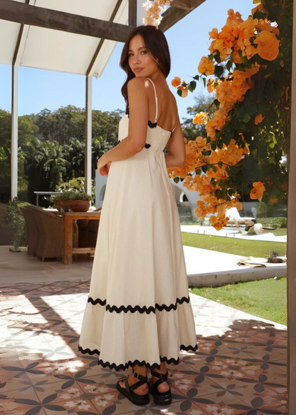 Women's Airy Maxi Dress with Straps and Decorative Trim
