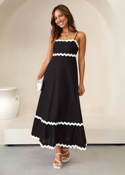 Women's Airy Maxi Dress with Straps and Decorative Trim