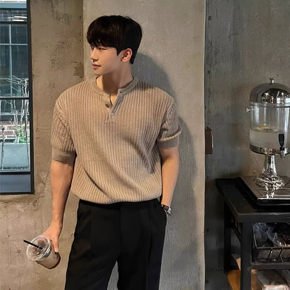 Men’s Vertical Stripe Short Sleeve T-Shirt – Slim Fit & Breathable Ice Silk