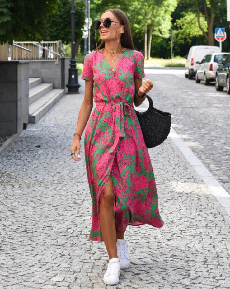Women’s Summer Wrap Dress – Floral Print V-Neck Casual Midi