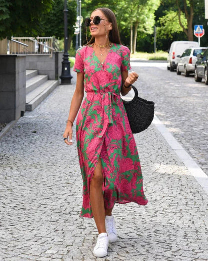 Women’s Summer Wrap Dress – Floral Print V-Neck Casual Midi