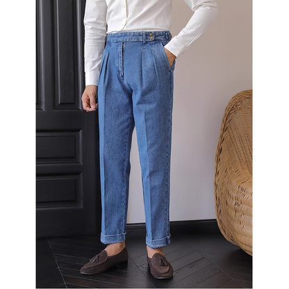 British Style High-Waist Men's Straight-Leg Jeans – Drooping Curl Hem Suit Pants