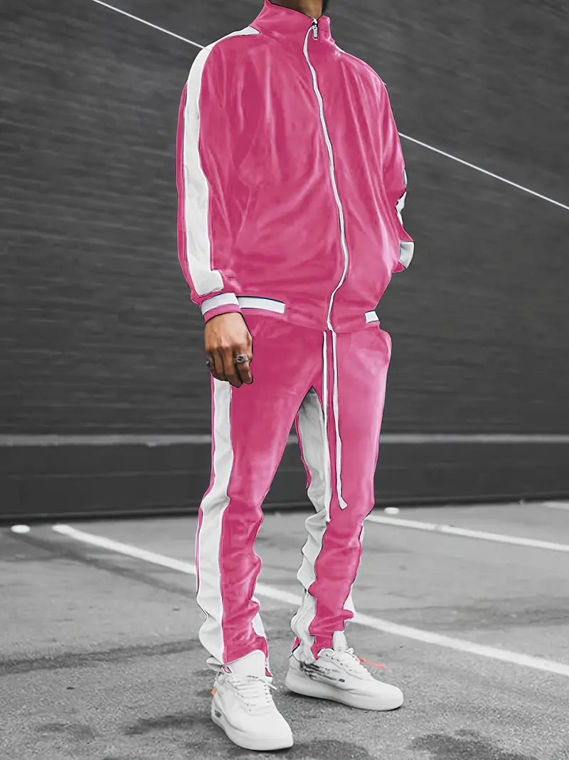 Men's Velvet Tracksuit 2-Piece Set with Zipper and Drawstring