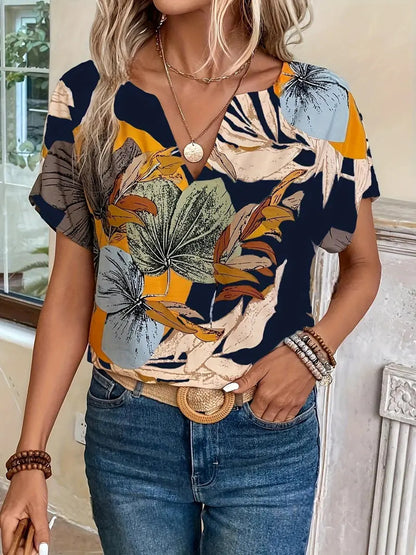 Women's Floral Short-Sleeve Button Top with Loose Casual Fit