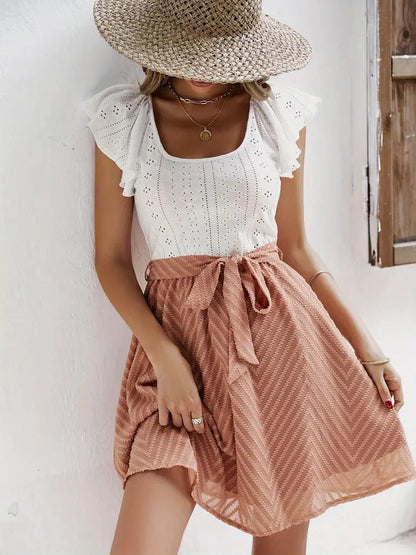 Women's Two-Tone Mini Dress with Eyelet Top and Waist Tie Skirt
