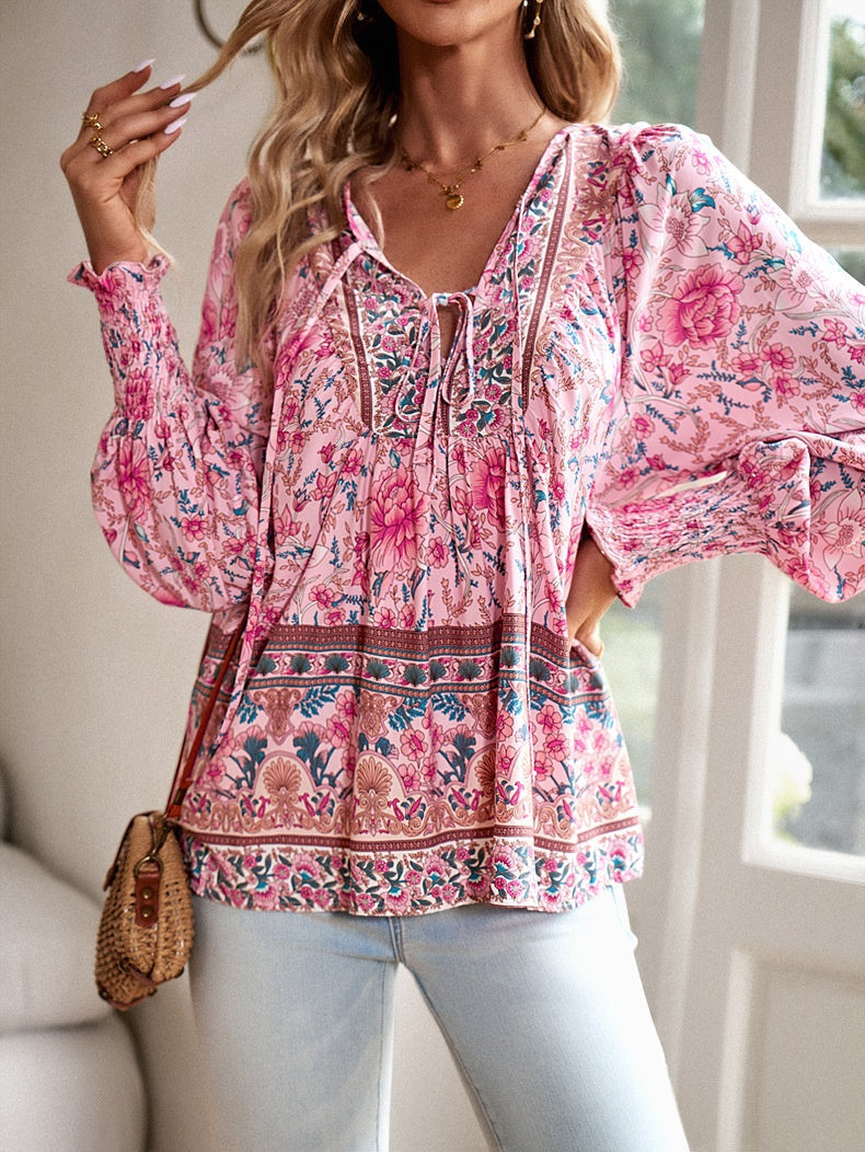 Women's Boho Floral Tunic Top with Long Sleeves and V-Neck Tie