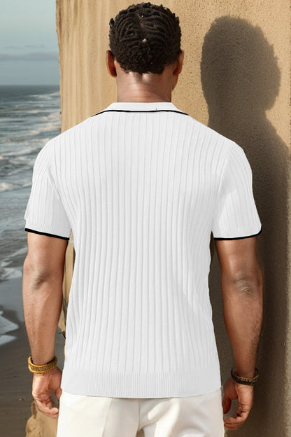 Men's Ribbed Short-Sleeve Zip Polo Shirt with Contrast Trim