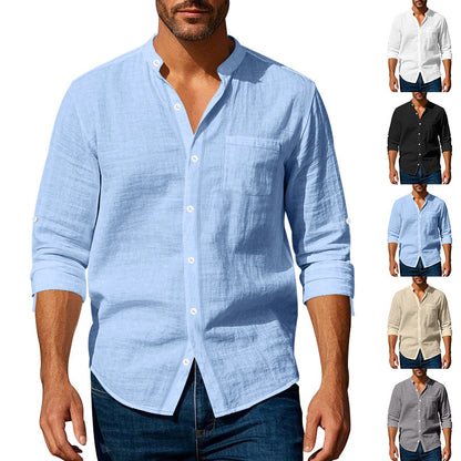 Men’s Long Sleeve Stand Collar Linen Shirt with Pockets – Casual & Stylish