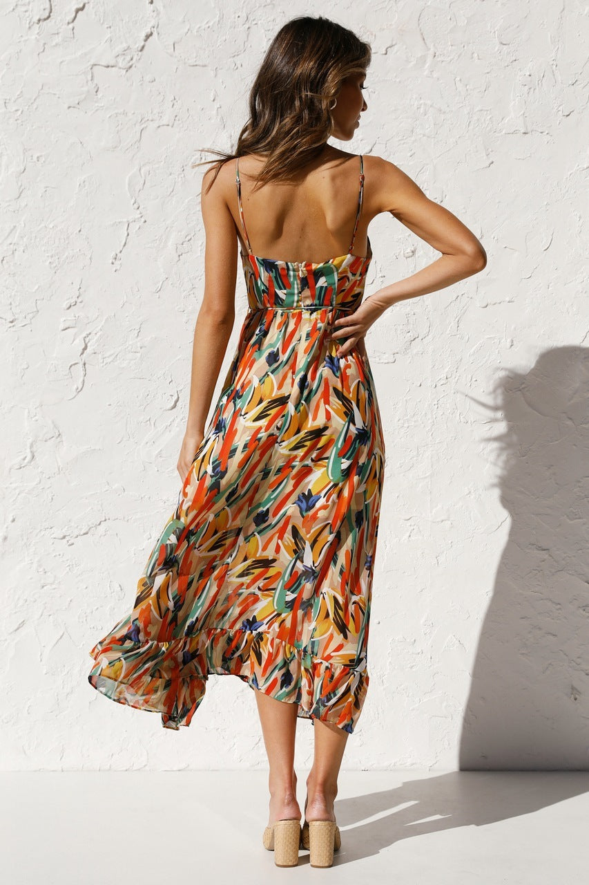 Women’s Floral V-Neck Midi Dress with Ruffled Hem