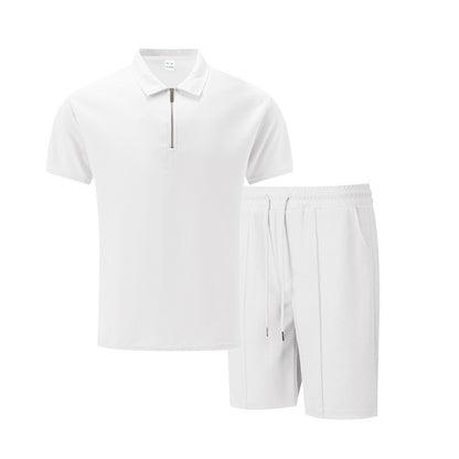 Men’s Solid Color Polo Collar T-Shirt & Shorts Set – Casual Leisure Outfit