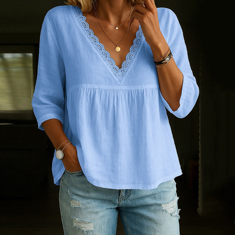 Women's 3/4 Sleeve V-Neck Blouse with Lace Trim and Flowy Fit